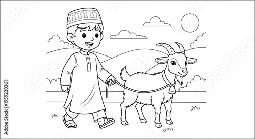 A young boy in traditional clothing leads a goat through a serene landscape under a sunny sky.