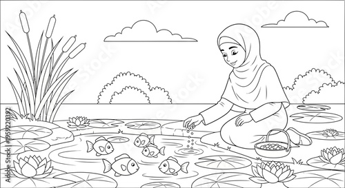 A serene illustration of a woman in a hijab feeding fish in a peaceful pond with lily pads and cattails