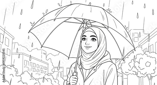 A smiling Muslim woman wearing a hijab stands under an umbrella on a rainy city street