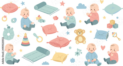 Cute Baby Sitting and Playing Vector Set with Infant Characters, Pillows Toys Accessories Collection for Nursery Design, Cozy Childhood Illustration and Kids Graphics.