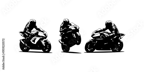 Three Motorcyclists Riding Sport Bikes Vector Illustration