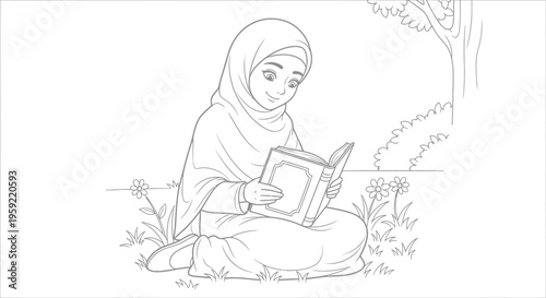 A young girl wearing a hijab sits cross-legged outdoors reading a book