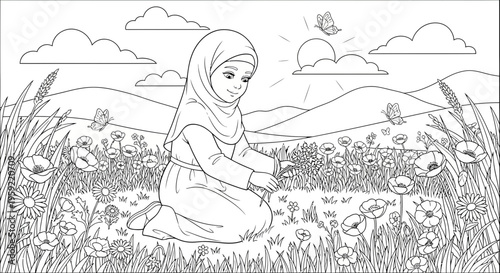 A serene illustration of a young girl in a hijab sitting in a field of flowers