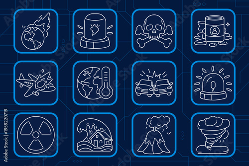 Insurance set icon. Home lock, health shield hands, cyber globe padlock, mortgage house, rate shield, home key, policy clipboard, flood house, secure cards