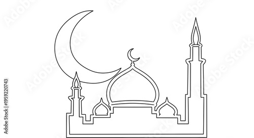 A minimalist line art illustration of a mosque with a crescent moon