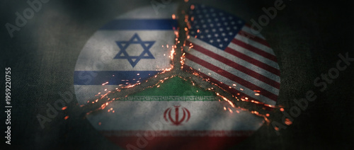 Top view of cracked emblem with USA, Israel, and Iran flags featuring glowing fire sparks and dark background, geopolitical tension concept