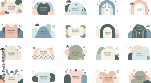 Abstract Baby Label Frames Vector Set with Organic Shapes, Minimal Backgrounds, Decorative Banners and Text Placeholders for Nursery Design, Branding and Kids Graphics.