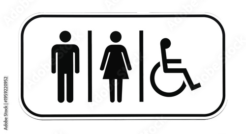 Vector graphic design of a modern public restroom sign with universal symbols for male, female, and disabled accessibility for various facilities.