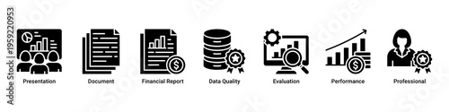 Reporting System web banner icon vector illustration featuring Presentation,Document,Financial Report,Data Quality,Evaluation,Performance,and Professional