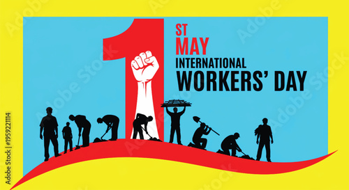 International Workers Day design featuring workers silhouettes and raised fist on a bright blue and yellow background for May 1st holiday promotional material.