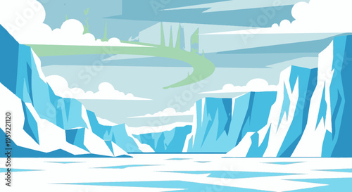 A minimalist vector illustration of a serene icy landscape with towering glaciers and fluffy white clouds