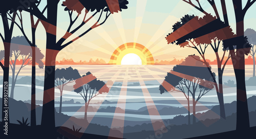 A serene vector illustration of a sunset over a tranquil landscape with trees