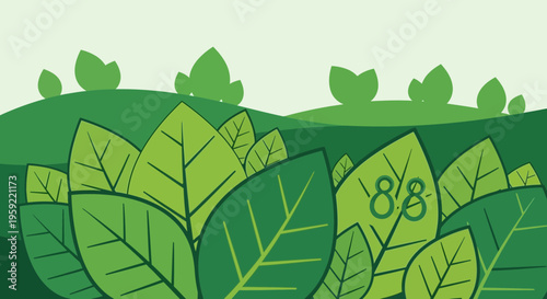 A vibrant green leafy landscape with a stylized illustration of rolling hills and a prominent leaf featuring the number 88