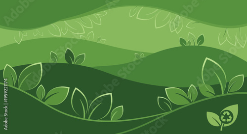A minimalist vector graphic illustration of rolling green hills with leaves and a recycling symbol