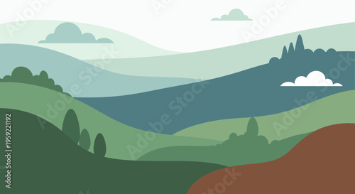A minimalist vector illustration of rolling hills and mountains in a serene landscape
