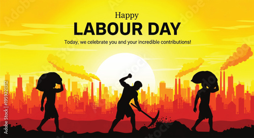 Labor day celebration background with silhouettes of industrial workers working at sunset construction site graphic illustration.