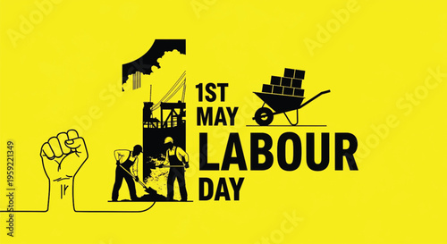 International workers day graphic design with raised fist and construction site silhouette on bright yellow background.