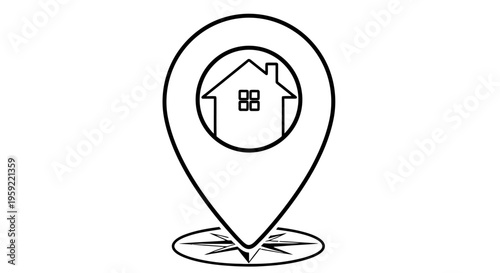 Simple black and white line drawing of a location pin with a house inside