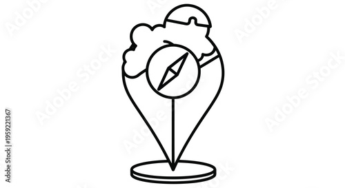Black and white line art of a location pin with a compass inside