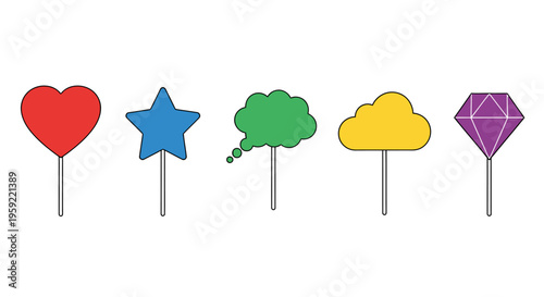 Colorful lollipop shapes including a heart star cloud and gemstone