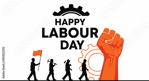 International workers day graphic with orange fist and construction workers silhouette on white background.