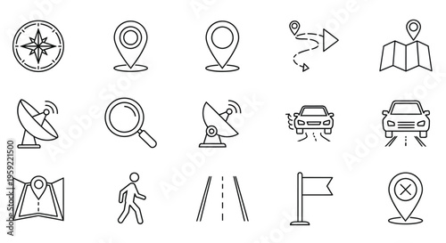 Collection of linear travel and navigation icons in a simple monochrome style
