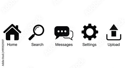 A row of six black vector icons representing common website or app functions
