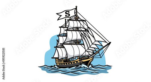A vintage sailing ship with a flag bearing the letter S on the mast, set against a simple blue water and white background.