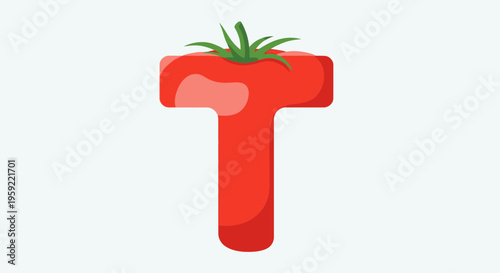 A vibrant red letter T shaped like a tomato with green leaves on top, set against a clean white background.