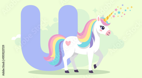 A colorful unicorn with a rainbow mane stands next to a large purple letter U, surrounded by stars and a heart on its side.