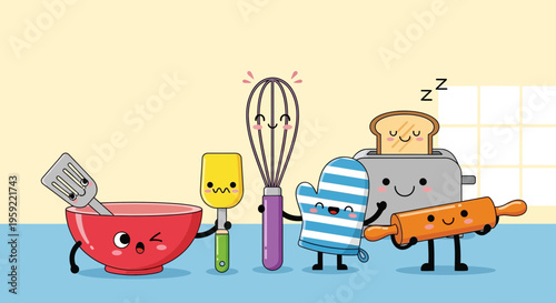 A colorful cartoon illustration of kitchen utensils and appliances as cute characters