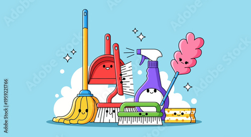 A colorful cartoon illustration of cleaning supplies with smiling faces
