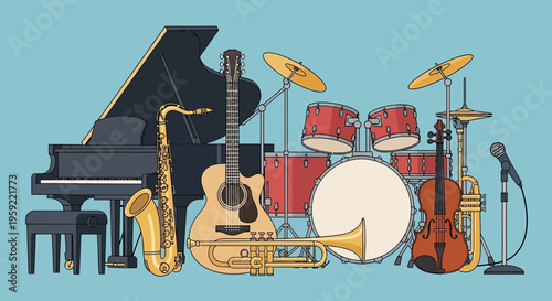 A colorful illustration of various musical instruments, including a piano, guitar, and drums, arranged together on a light blue background.
