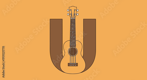 A minimalist vector graphic of a ukulele integrated into a large letter U on a solid background