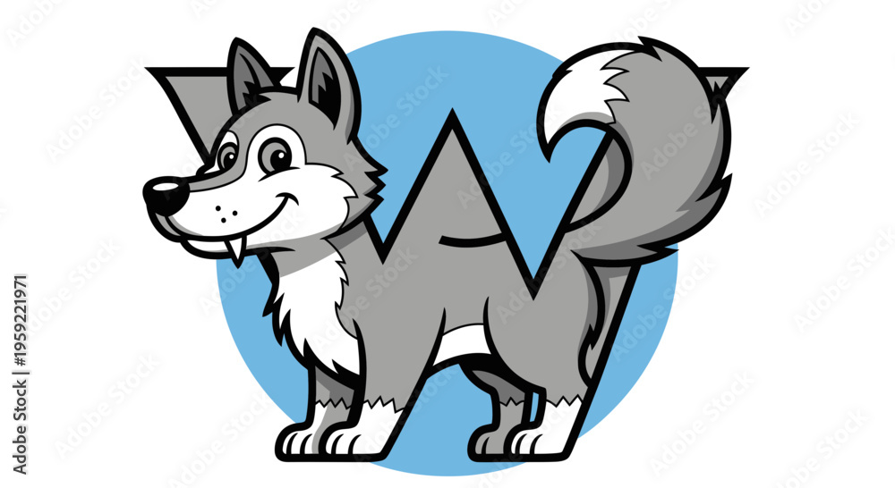 Fototapeta premium A cartoon wolf stands in front of a blue circle with a mountain range silhouette