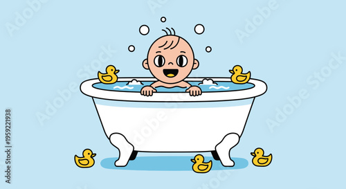 A cartoon baby happily playing with rubber ducks in a bathtub filled with water and bubbles