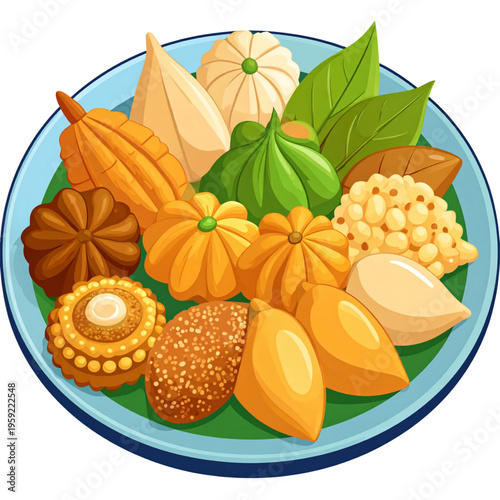 Top view vector illustration of Indonesian traditional snacks (jajanan tradisional) on a plate, featuring assorted fried and steamed kue with golden tones and natural textures