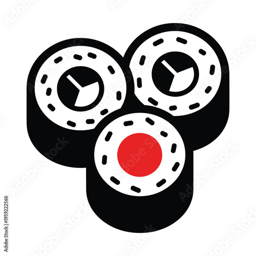 A minimalist graphic illustration depicting three stylized sushi rolls, two with a white and black filling and one with a prominent red center, arranged in a triangular cluster.