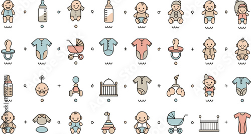 Baby Care Icons Vector Set with Newborn Items, Feeding Bottle Pacifier Clothes Stroller Crib Collection, Infant Essentials Illustration for Nursery Design and Parenting Graphics.