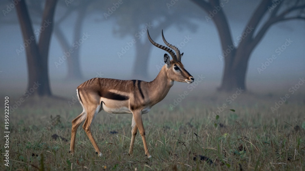 Naklejka premium An okapi stands in a foggy forest at dawn with soft blue light illuminating the scene. The background is softly blurred, creating a serene atmosphere.