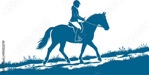 Young rider on horse along nature path