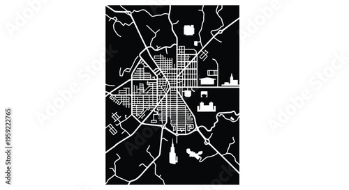 Abstract black and white city map illustration with intricate street patterns