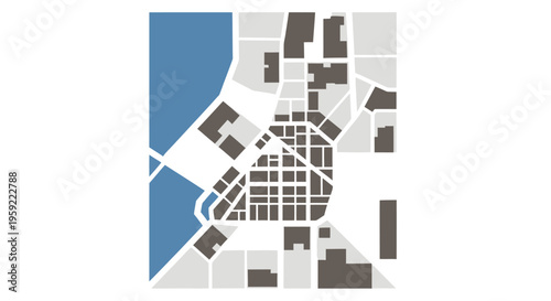 Abstract aerial view of a city map with blue water and green spaces