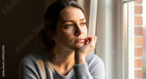 Introspective Contemplation: A woman gazes pensively out of a window, bathed in soft, natural light, lost in her own thoughts and reflections.