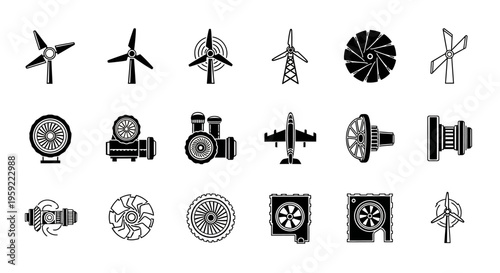 Collection of Wind Turbine and Power Generation Icons for Renewable Energy