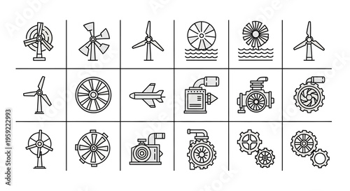 Collection of Wind Turbine and Renewable Energy Equipment Icons