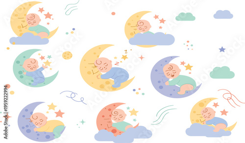 Cute Sleeping Baby on Moon Vector Set with Dreaming Infant Characters, Night Sky Stars Clouds Illustration for Nursery Design, Bedtime Theme Kids Graphics.