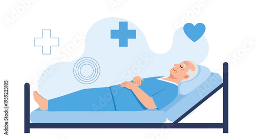 Elderly man resting in hospital bed, medical symbols, healthcare concept