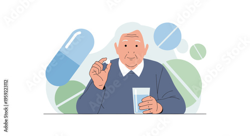 Elderly Man Taking Medication with Glass of Water, Surrounded by Pills