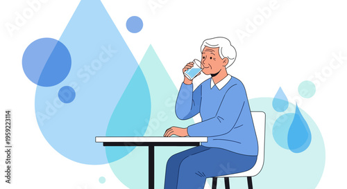 Elderly Woman Drinking Water, Hydration and Health Concept